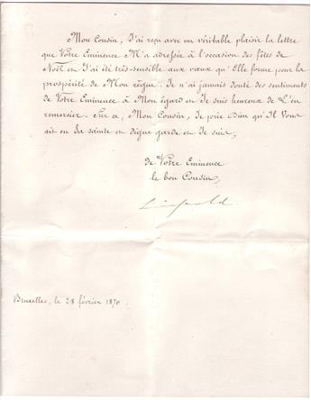 LEOPOLD II; KING OF THE BELGIANS. Two items, each Signed, Leopold, each in French: Autograph Letter * Letter.